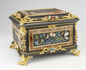 ジュエリーボックス、1730年頃（オーク、エボニー、ピエトラデュラ、ブロンズ、半貴石）